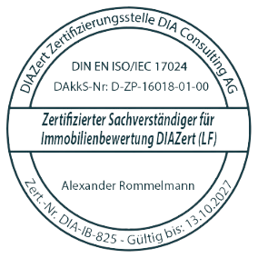 Stempel: Zertifizierter Sachverständiger für Immobilienbewertung DIAZert (LF) — DIN EN ISO/IEC 17024