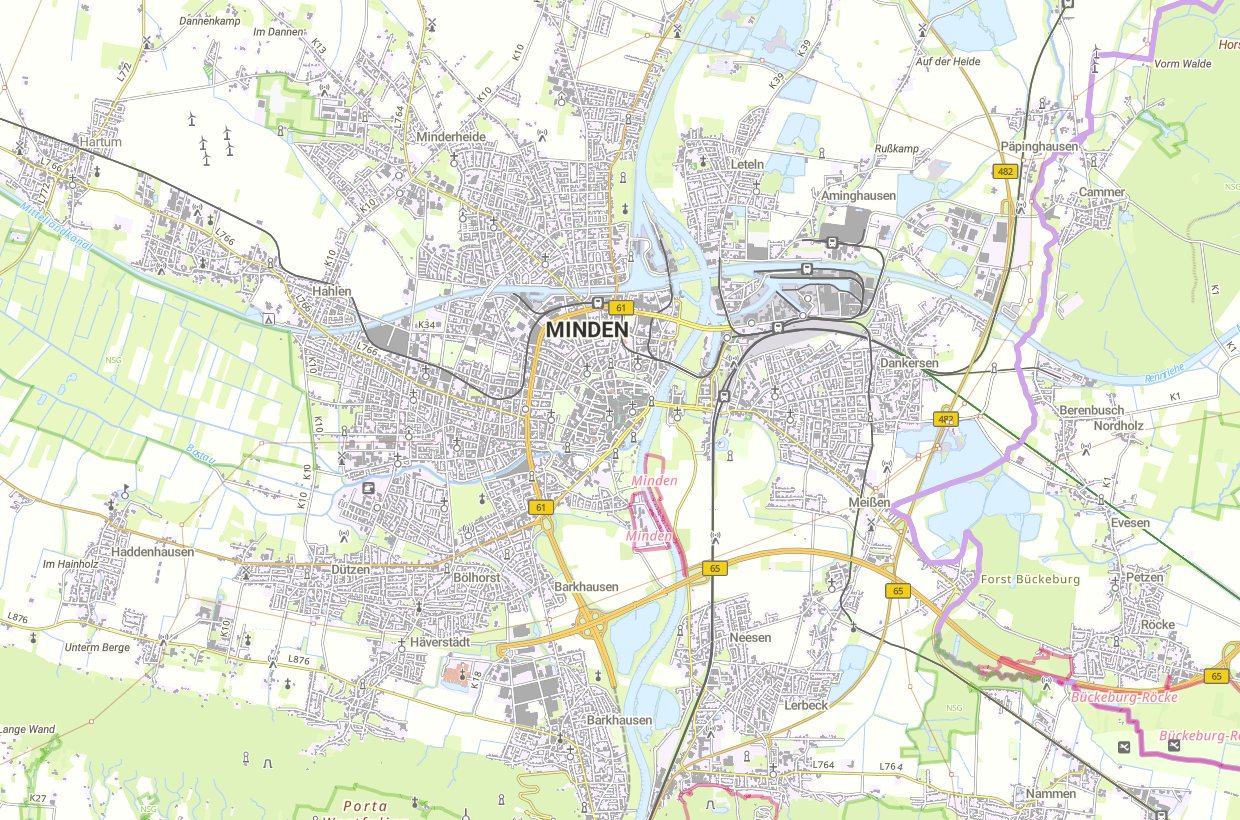 Kartenausschnitt von Minden mit Weser, Innenstadt und angrenzenden Stadtbezirken